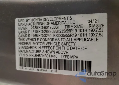 2022 Honda Odyssey Touring from USA, damaged, VIN 5FNRL6H80NB013416